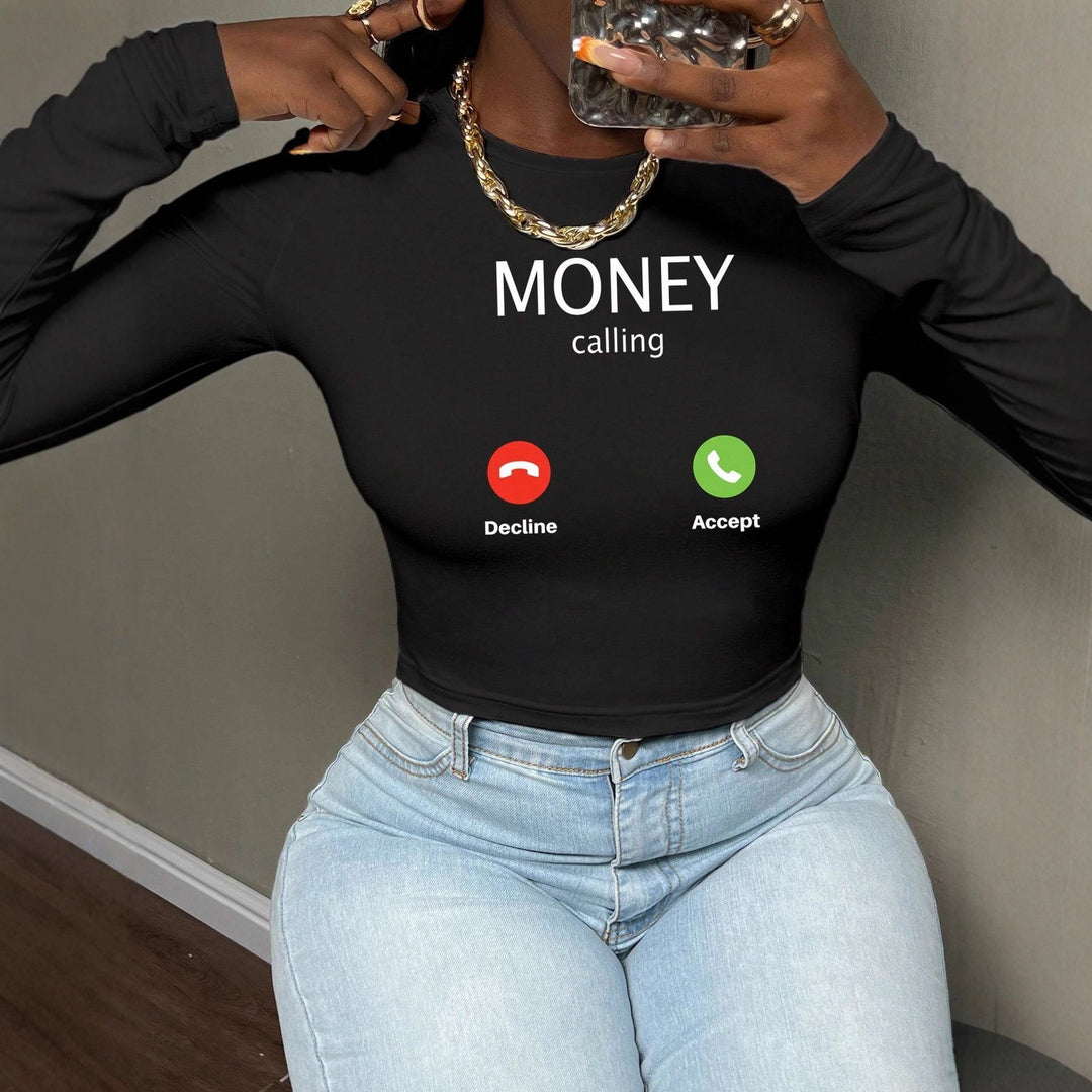 Damen nan kurzes Cropped-Longsleeve mit auffälligem Statement-Print und Call-Icon-Design Echo Archiv