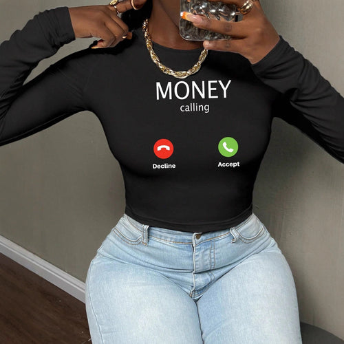 Damen nan kurzes Cropped-Longsleeve mit auffälligem Statement-Print und Call-Icon-Design Echo Archiv
