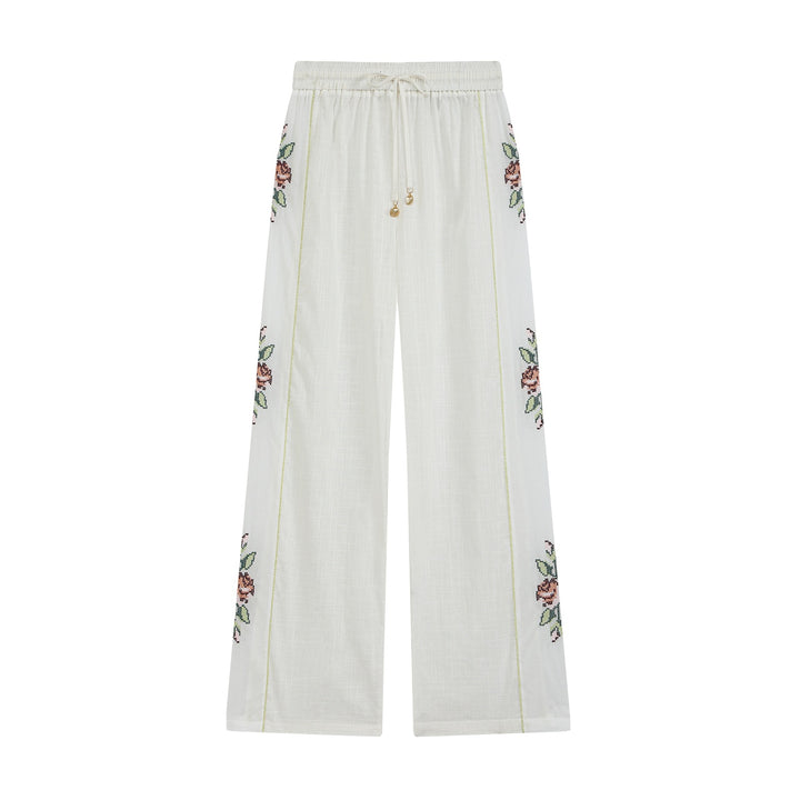Damen Weite Leinen‑Optik Hose mit Tunnelzugbund und seitlicher Blumenstickerei Echo Archiv