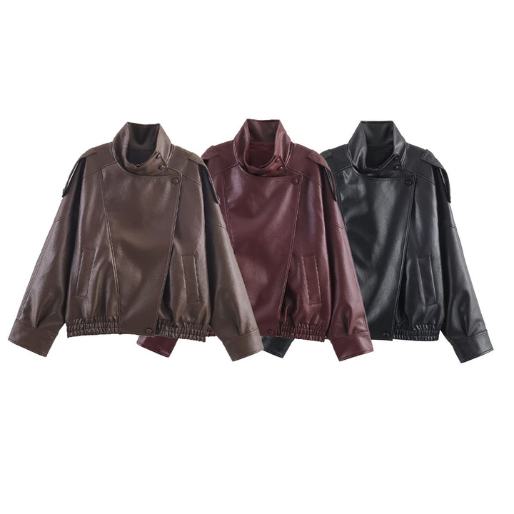 Damen nan oversized Bikerjacke Kunstlederoptik mit hohem Stehkragen, asymmetrischer Druckknopffront, Schulterriegeln und elastischem Saum Echo Archiv