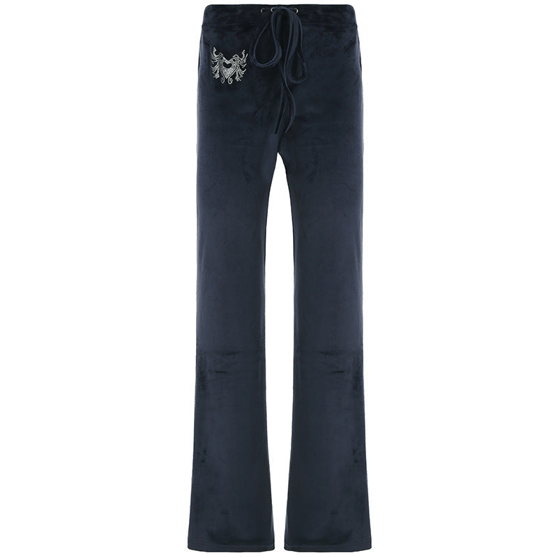 Damen Velours-Loungehose mit ausgestelltem Schlag, elastischem Tunnelzugbund und Hüftstickerei Echo Archiv
