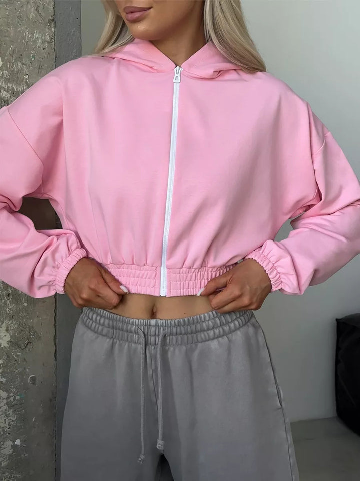 Damen Kurzgeschnittene Kapuzenjacke mit Reißverschluss, elastischem Bund und legerer Passform – Auréline