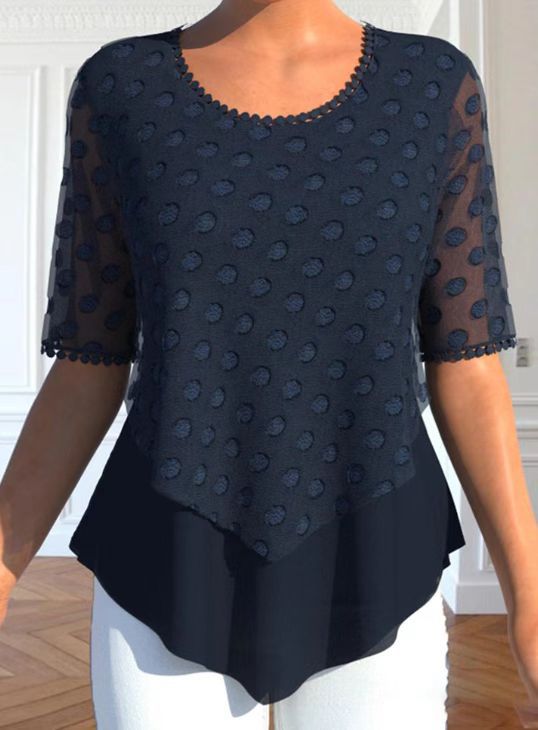 Damen nan Tüllbluse mit bestickten Punkten, halbtransparenten Ärmeln und asymmetrischem Stufensaum Echo Archiv
