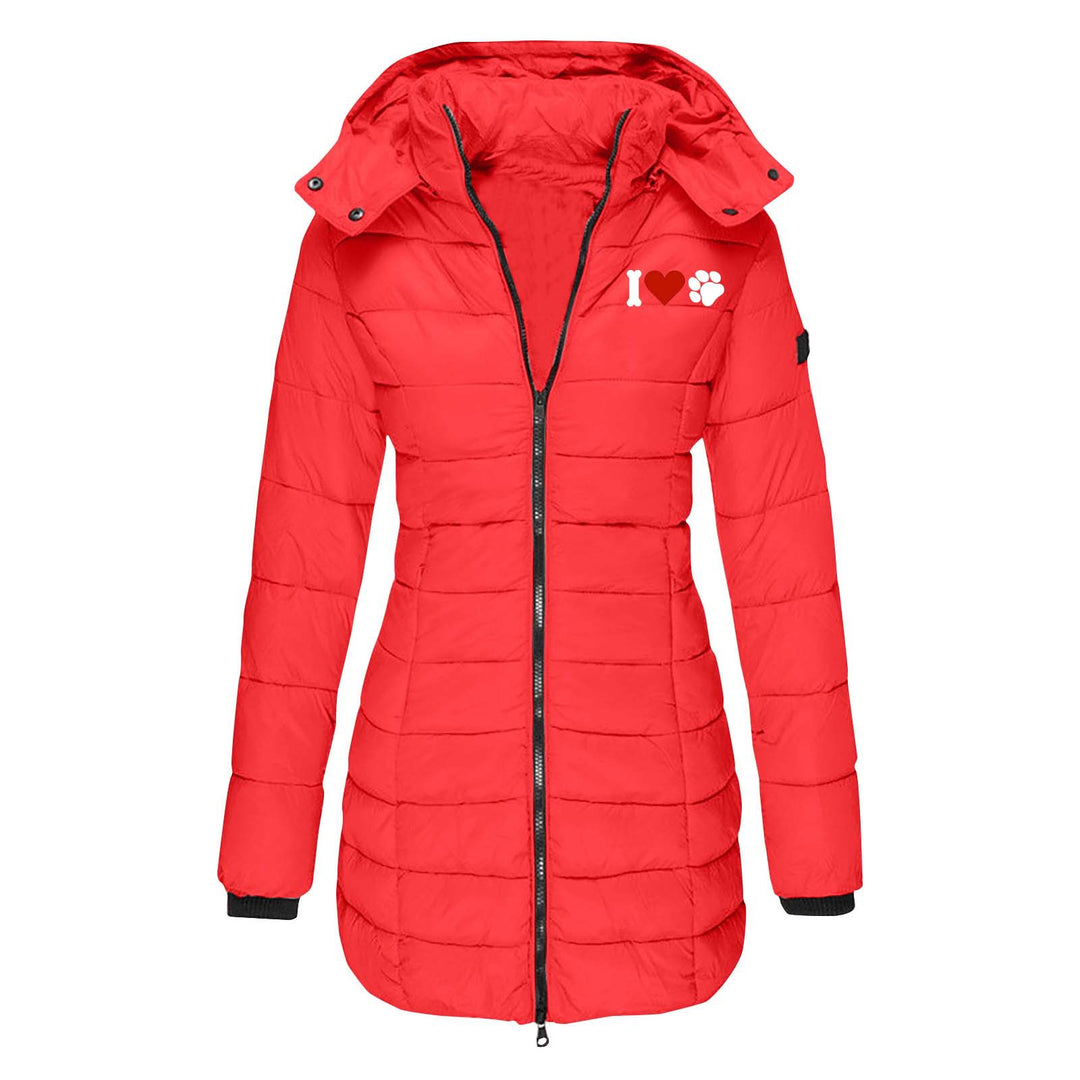 Damen nan gesteppte Steppjacke mit Kapuze, taillierter Silhouette und Herz-Pfoten-Print Echo Archiv