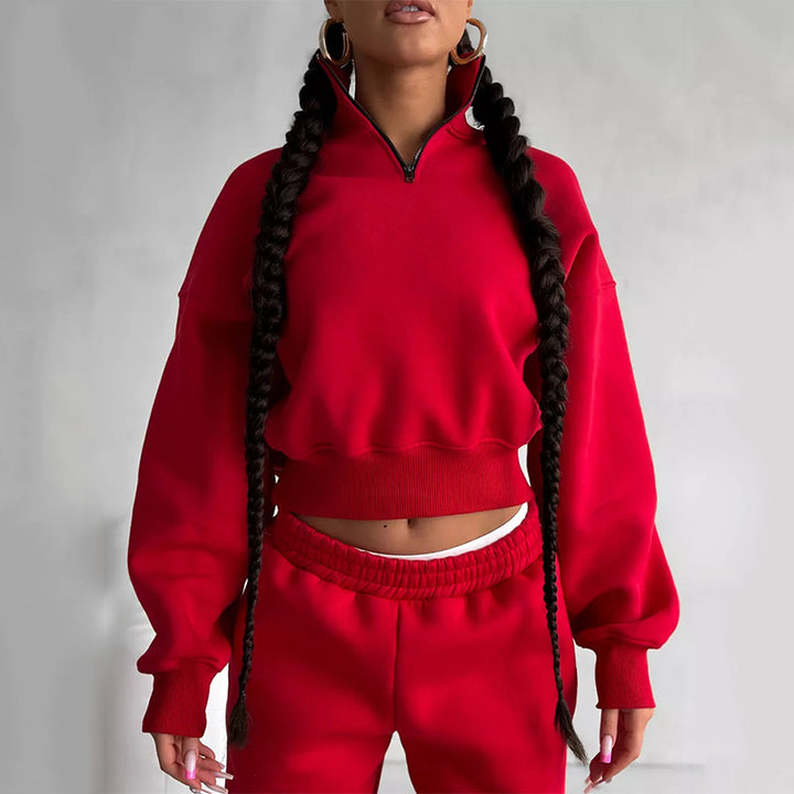 Damen Zweiteiliges Cropped-Halbzip-Sweatset mit Stehkragen und elastischer High-Waist-Jogginghose – Avérine