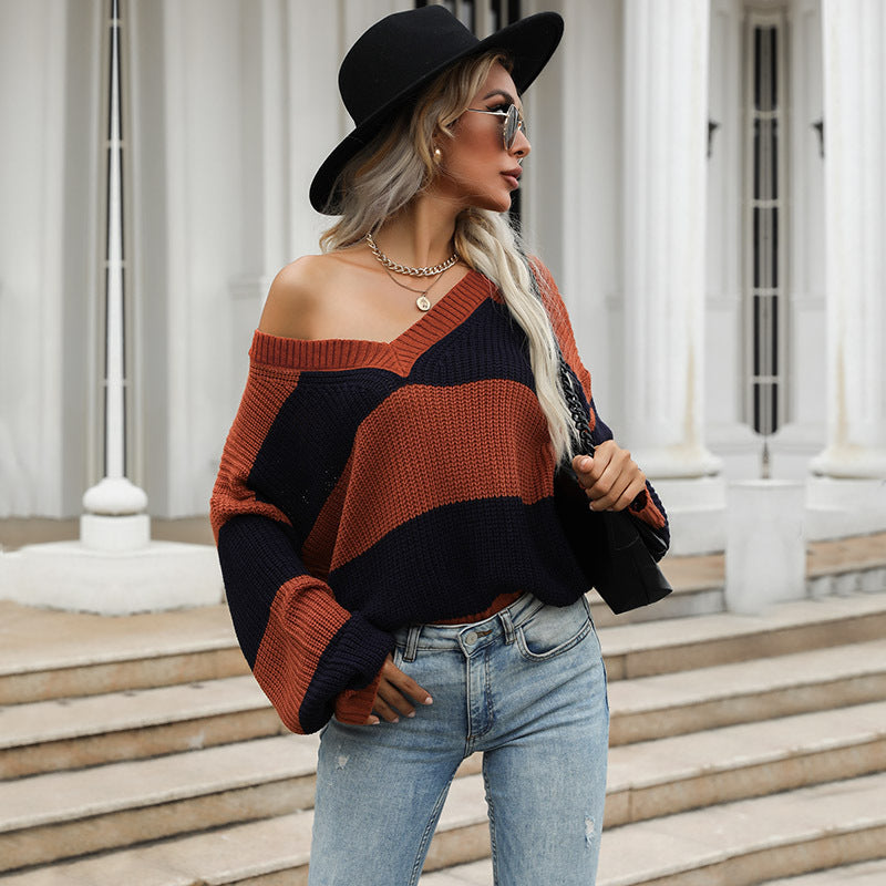 Damen Gestreifter Oversize V‑Ausschnitt Pullover im Grobstrick Echoarchiv