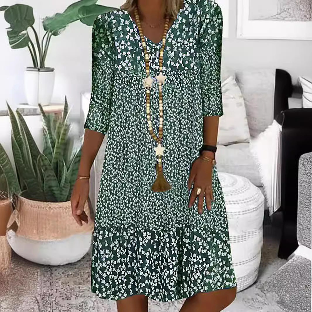Damen Lockeres Midi-Kleid im Boho-Stil mit V-Ausschnitt, Dreiviertelärmeln und gestuftem Saum – Élara