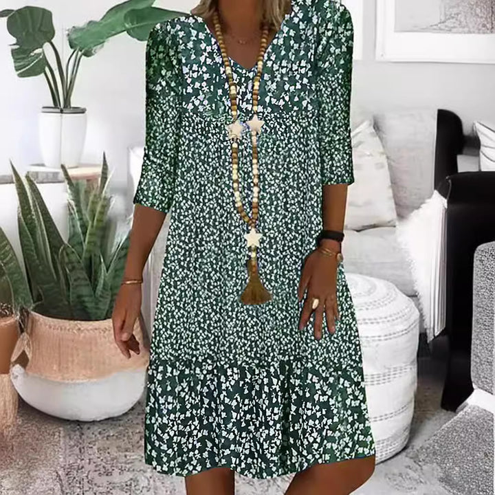 Damen Lockeres Midi-Kleid im Boho-Stil mit V-Ausschnitt, Dreiviertelärmeln und gestuftem Saum – Élara