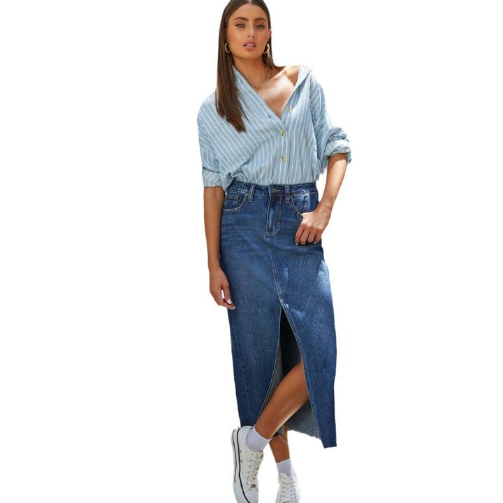 Damen nan hochgeschnittener Midi-Jeansrock mit mittigem Frontschlitz und rohem Saum Echo Archiv