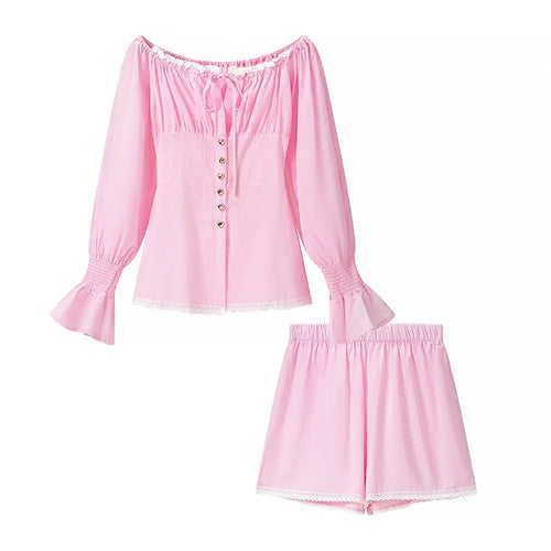 Damen nan zweiteiliges schulterfreies Schlafanzug-Set mit Spitzenbesatz, Herzknopf-Leiste und elastischer Shorts-Bund Echo Archiv