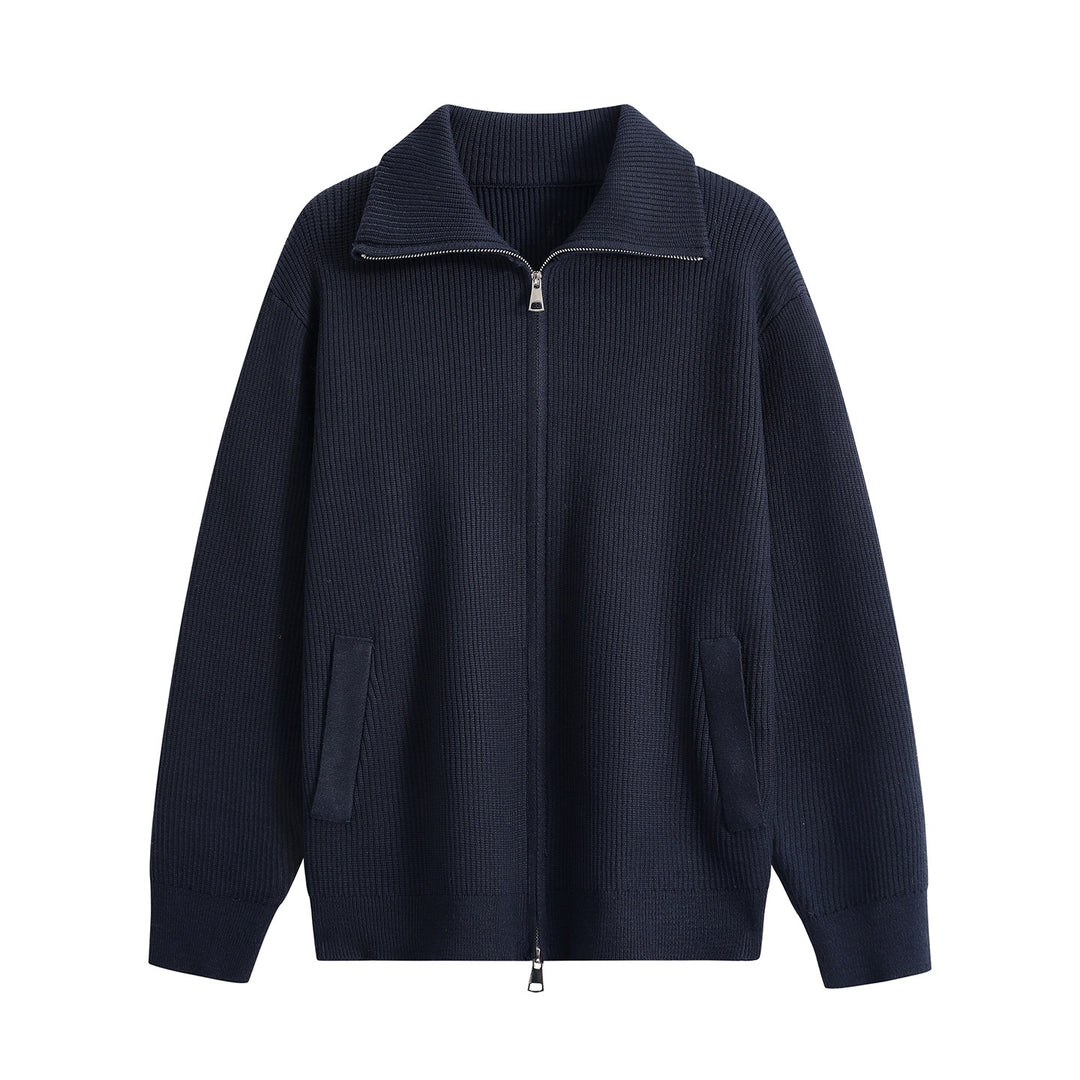 Herren Strick-Zipjacke mit Stehkragen, gerippter Struktur und Oversized-Schnitt Echoarchiv