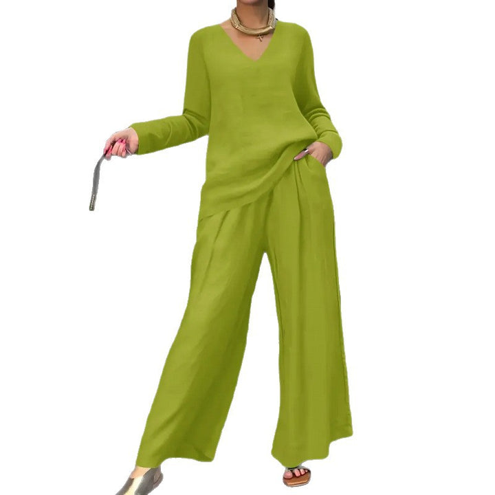 Damen Feiner V-Ausschnitt Strickpullover mit fließender Palazzo-Hose Echo Archiv