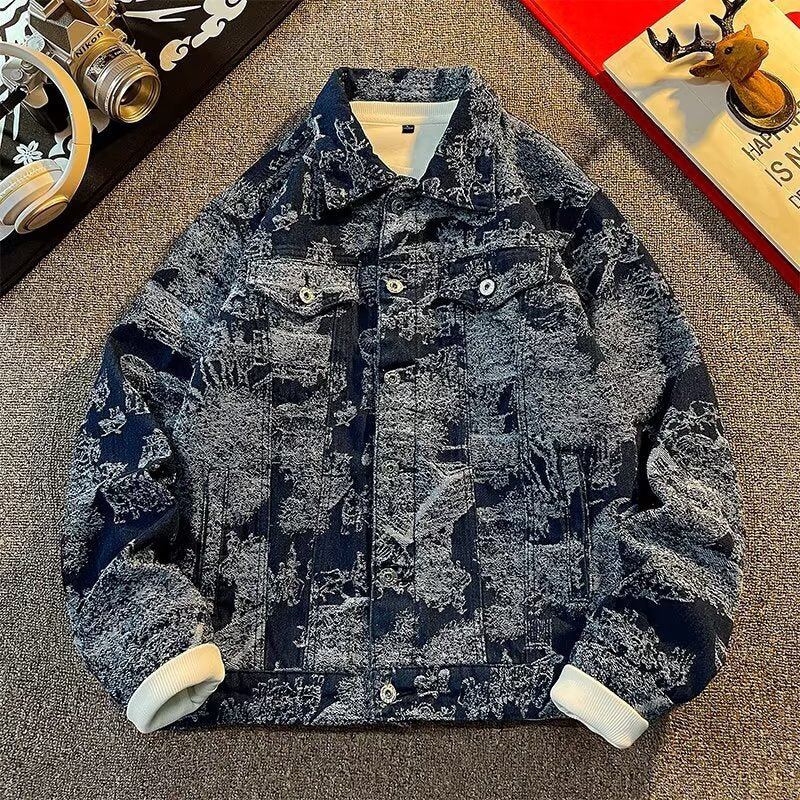 Herren Denimjacke mit kreativem Allover-Print Echoarchiv