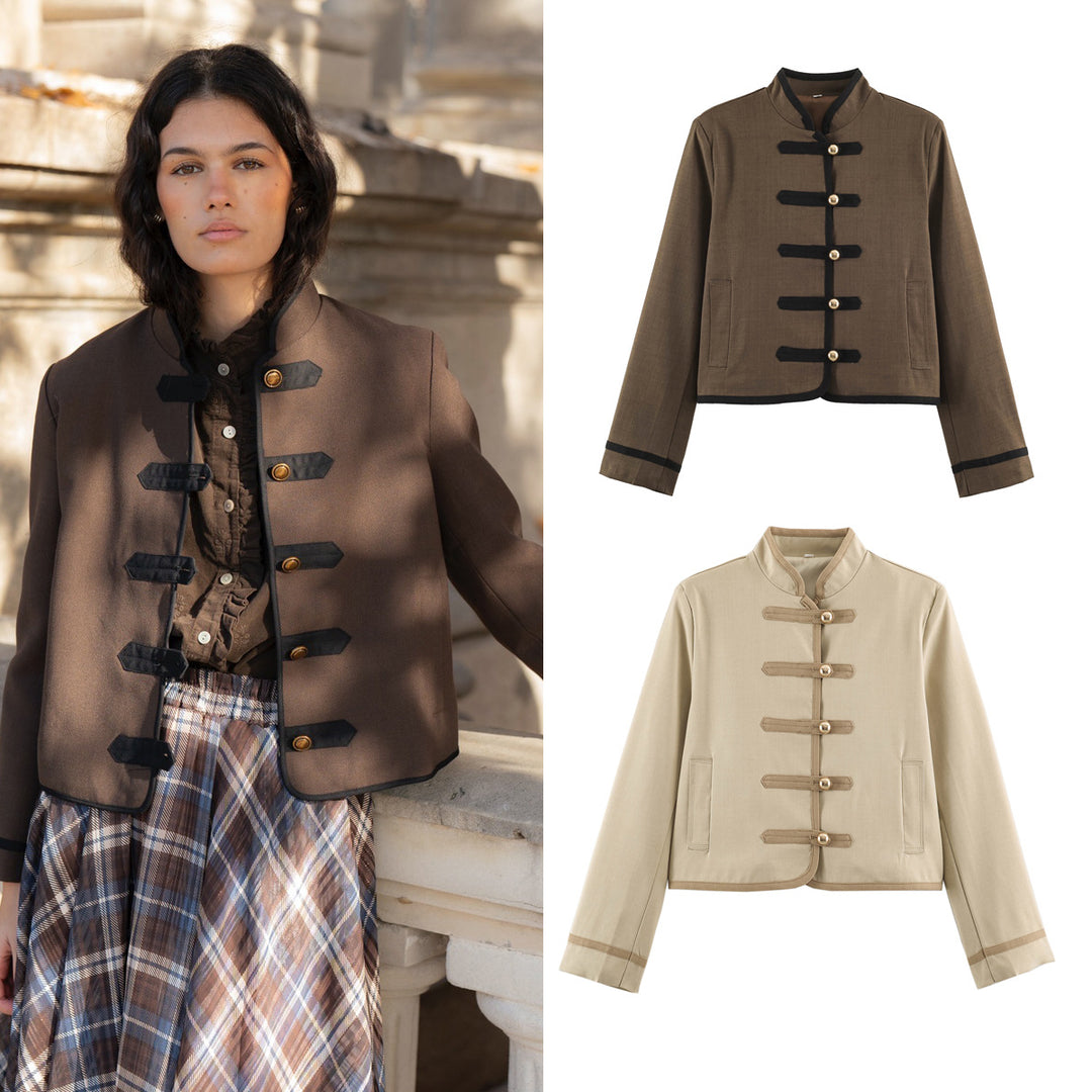 Damen Cropped Stehkragenjacke mit dekorativen Knebelverschlüssen und Boxy-Schnitt Echo Archiv