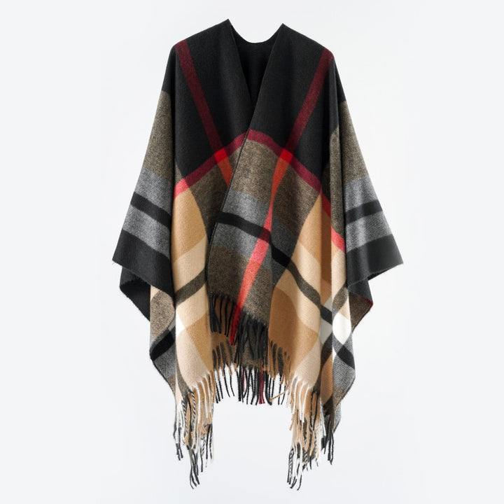 Damen Oversize-Poncho im Kaschmir‑Touch mit V‑Ausschnitt und Fransensaum Echo Archiv