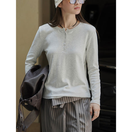 Damen Langärmeliges Henley-Shirt mit Druckknopfleiste Echoarchiv