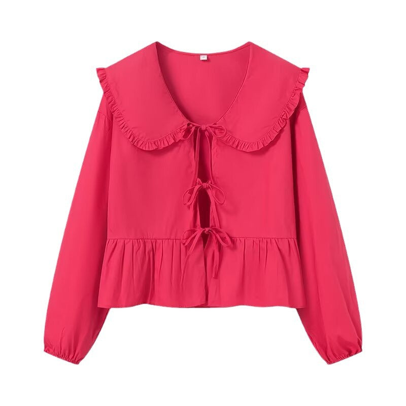 Damen Rüschige Cropped-Bluse mit übergroßem Kragen, Bindebändern und tailliertem Peplum Echo Archiv