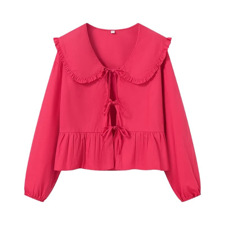 Damen Rüschige Cropped-Bluse mit übergroßem Kragen, Bindebändern und tailliertem Peplum Echo Archiv
