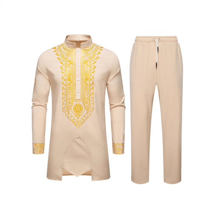Herren Traditionelles Langarm-Kurta-Set mit Stehkragen, goldfarbenem Ornamentdruck und Tunnelzughose Echo Archiv