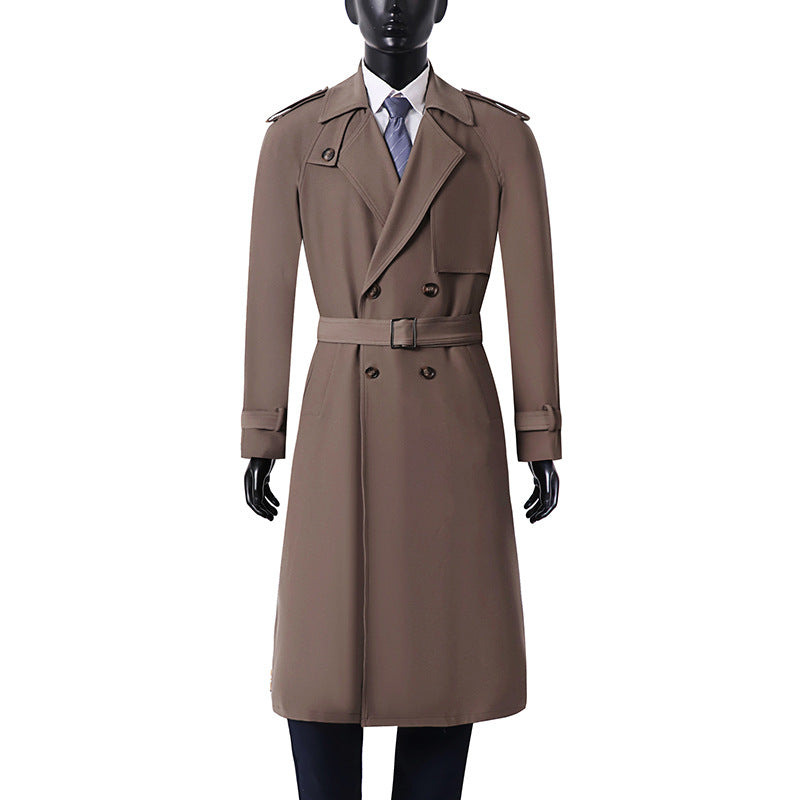 Herren Klassischer Doppelreihiger Trenchcoat aus leichtem Wollmix mit Schalkragen und Epauletten Echoarchiv