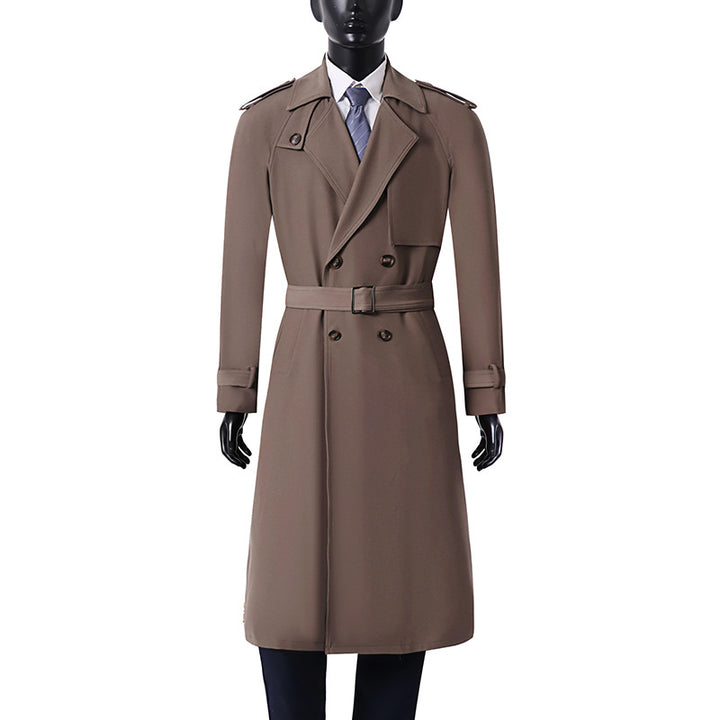 Herren Klassischer Doppelreihiger Trenchcoat aus leichtem Wollmix mit Schalkragen und Epauletten Echoarchiv