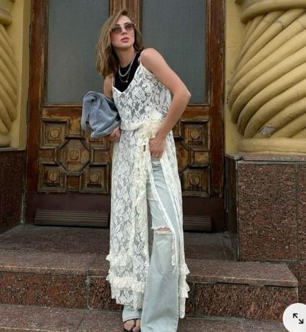 Damen Spitzenkimono mit offener Front und Rüschendetails Echo Archiv