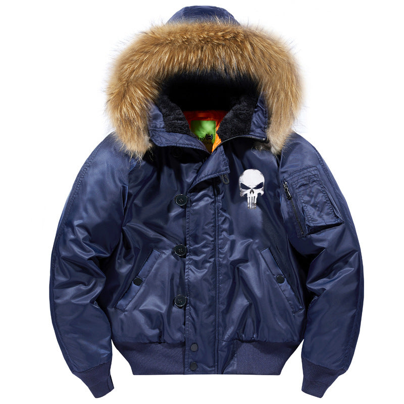 Herren -isolierte Kapuzen-Bomberjacke mit Kunstfellbesatz und Schädel-Brustgrafik Echo Archiv