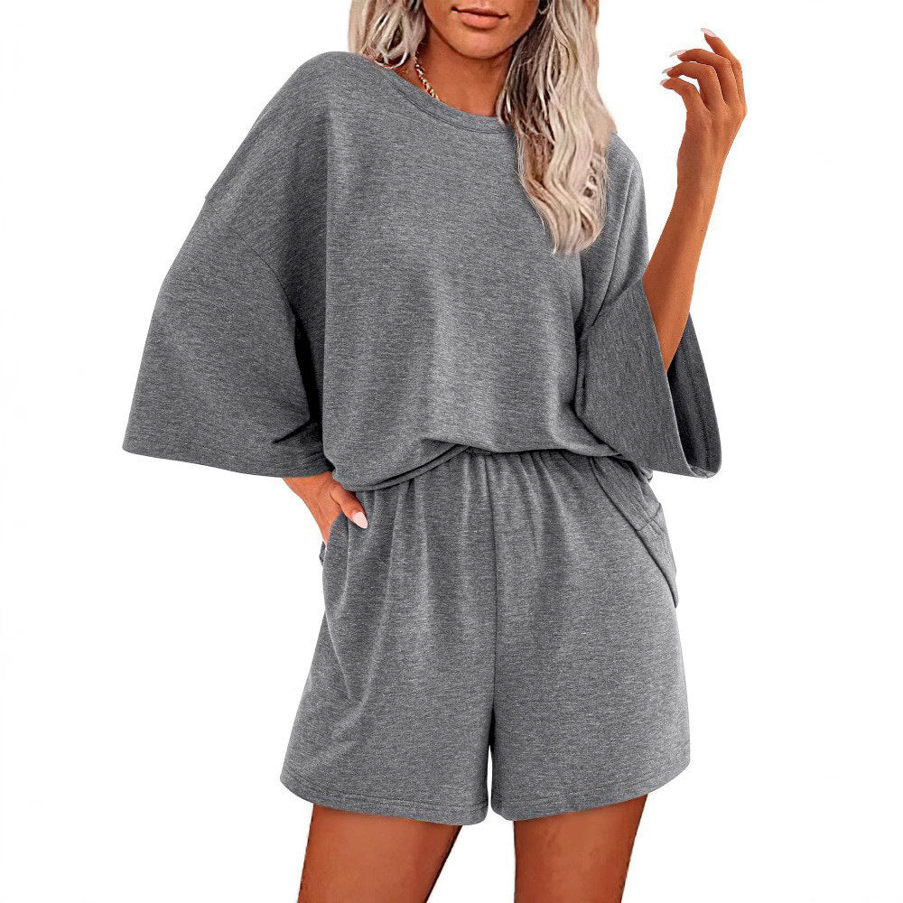 Damen Oversized Fledermaus Kurzarm Lounge Oberteil und Shorts Set mit Elastischem Bund – Élanora