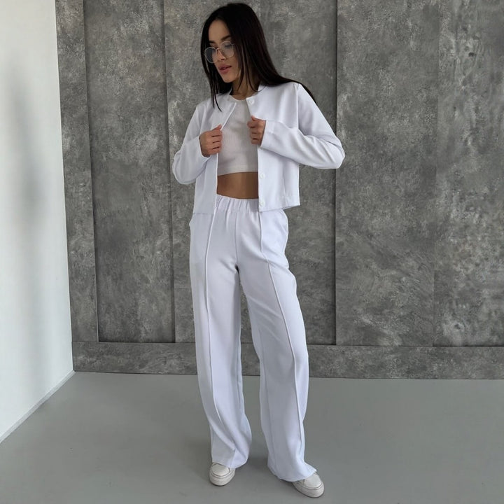 Damen Elegantes Zweiteiler-Set mit Kurzjacke und Hochbund-Faltenhose Echoarchiv