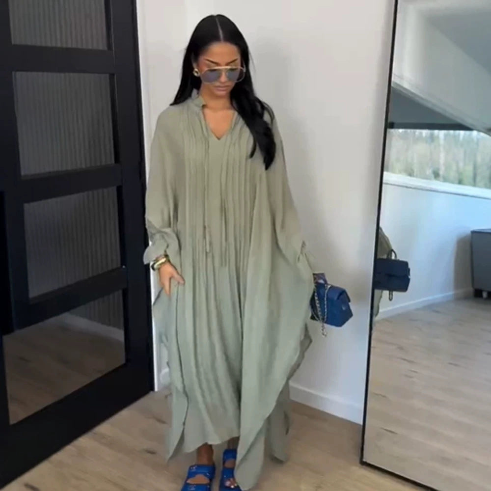 Damen Maxikleid im Kaftan-Stil mit Rüschenkragen, Bindebändern und voluminösen Ärmeln Echoarchiv