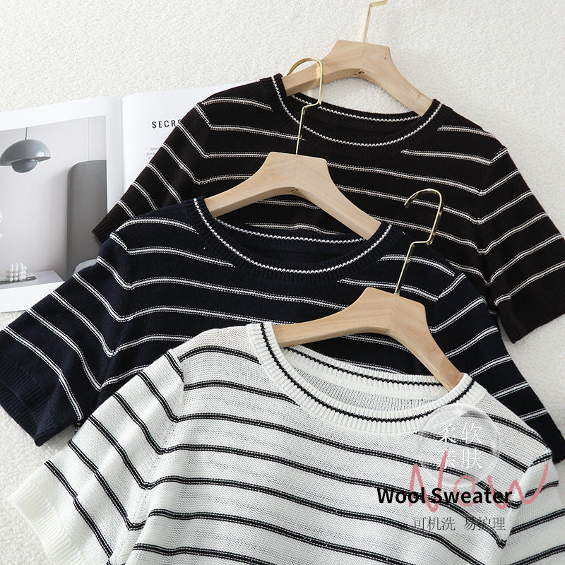 Damen Kurzarm-Feinstrickpullover mit maritimen Streifen Echo Archiv