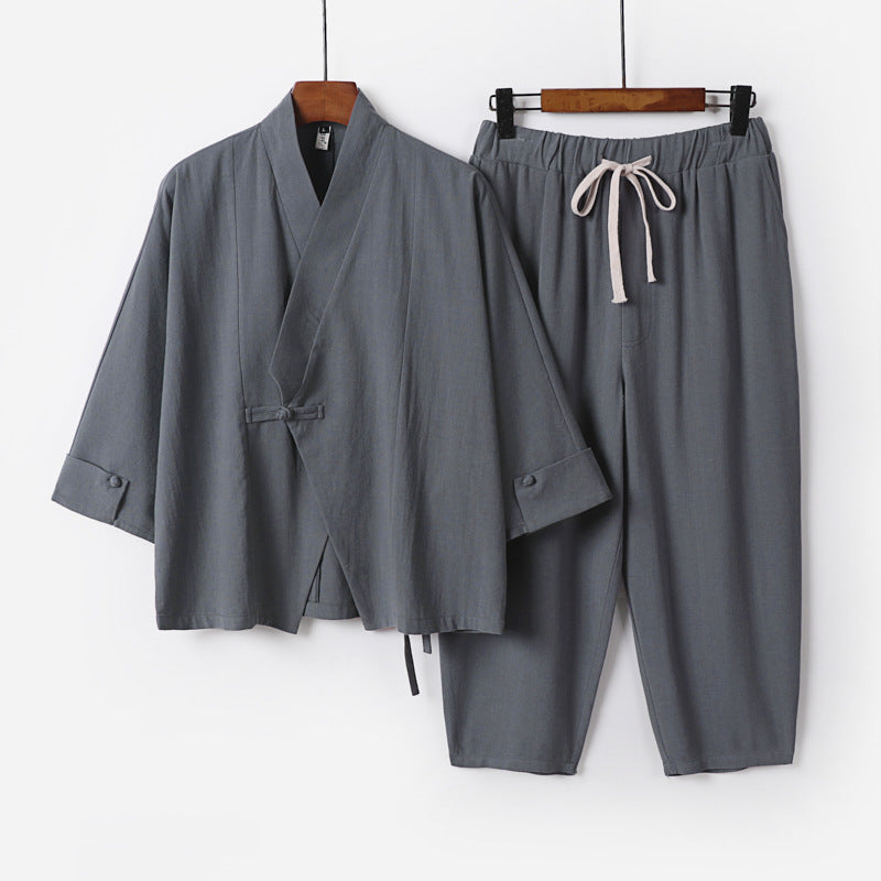 Herren Atmungsaktives Leinen-Baumwoll Lounge-Set mit asymmetrischem V-Kragen und elastischer Kordelhose Echoarchiv