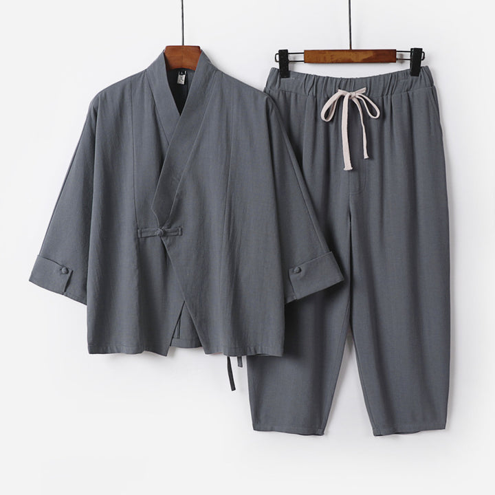 Herren Atmungsaktives Leinen-Baumwoll Lounge-Set mit asymmetrischem V-Kragen und elastischer Kordelhose Echoarchiv