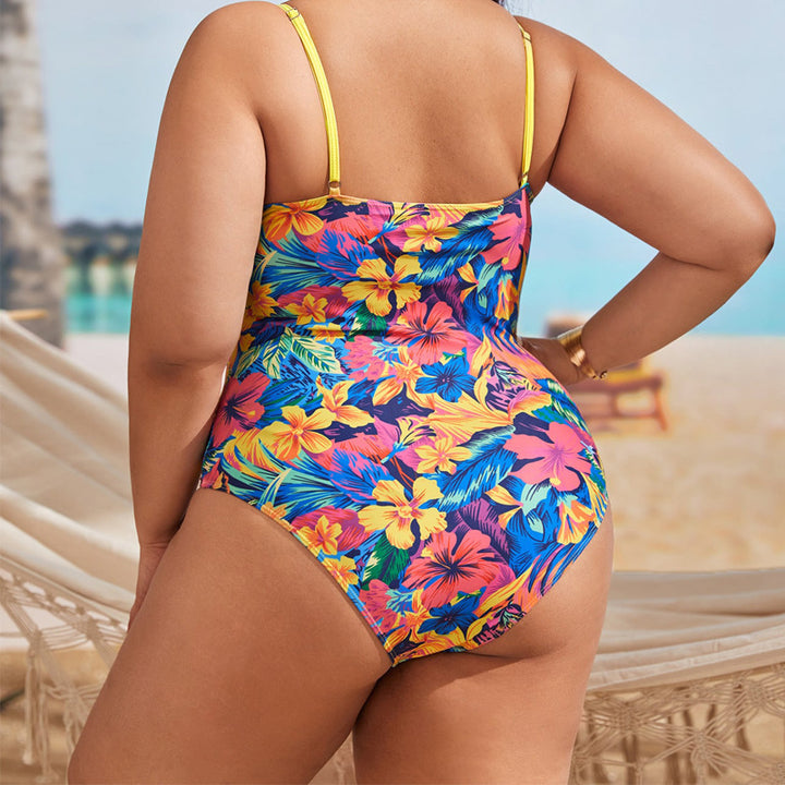 Damen Einteiliger Badeanzug mit floralem Wickeldetail und Rüschen Echo Archiv