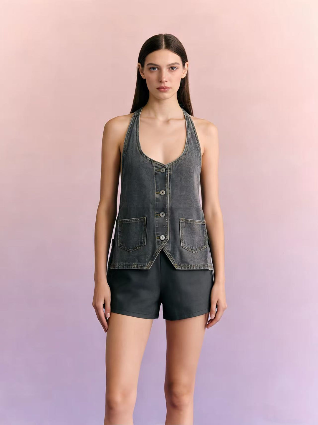 Damen lässiges Denim-Set mit verstellbaren Trägern und Taschen Echo Archiv