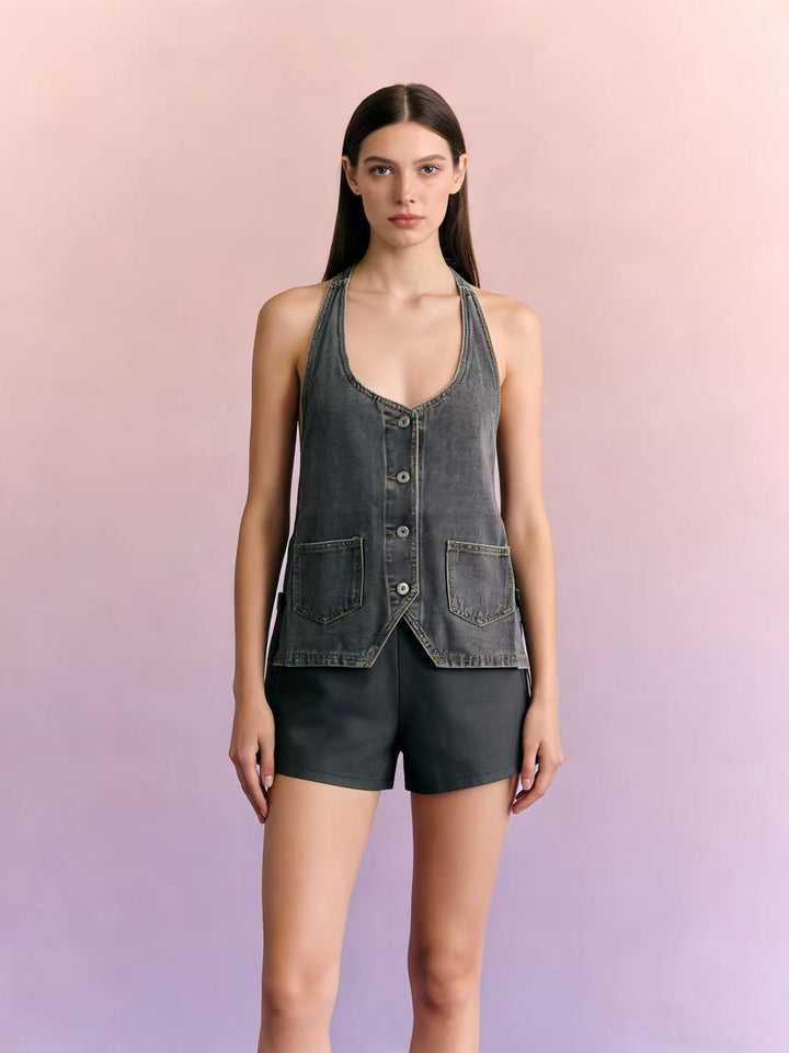 Damen lässiges Denim-Set mit verstellbaren Trägern und Taschen Echo Archiv