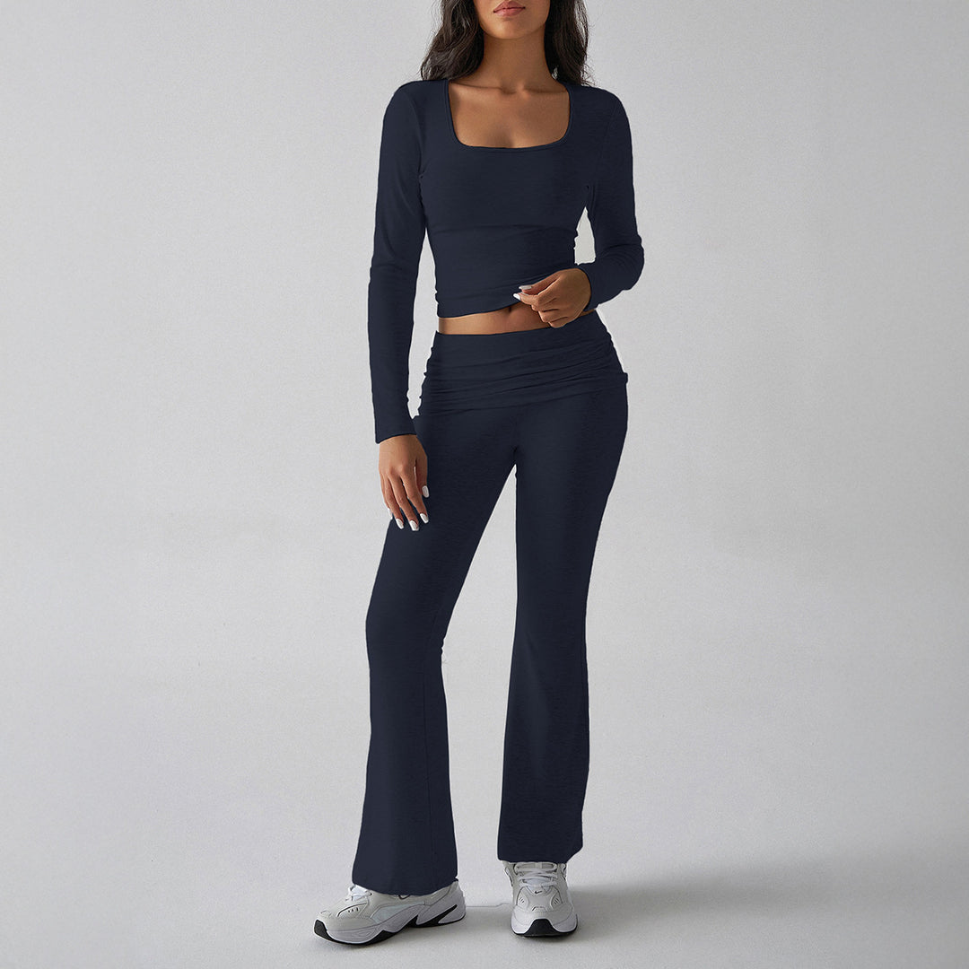 Damen figurbetontes Cropped-Set mit langärmeligem Top mit quadratischem Ausschnitt und ausgestellter High‑Waist Yoga-Hose – Avérine