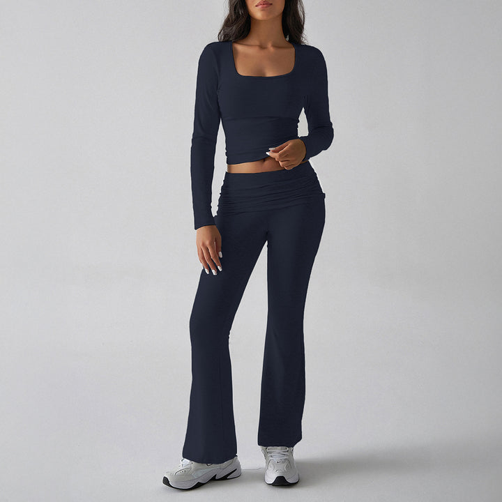 Damen figurbetontes Cropped-Set mit langärmeligem Top mit quadratischem Ausschnitt und ausgestellter High‑Waist Yoga-Hose – Avérine