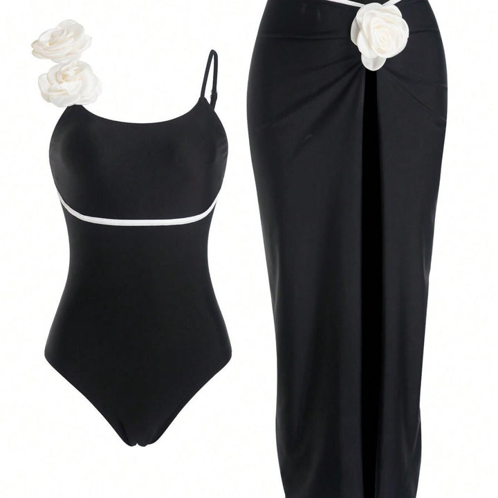 Damen Einteiler Badeanzug mit elegantem Rock und verspielten Blütendetails Echo Archiv