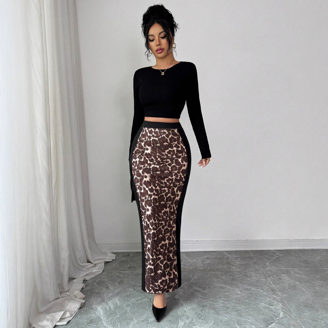 Damen nan taillierter Bleistiftmidirock mit Animal-Print-Mittelbahn und seitlichem Oberschenkel-Schlitz Echo Archiv