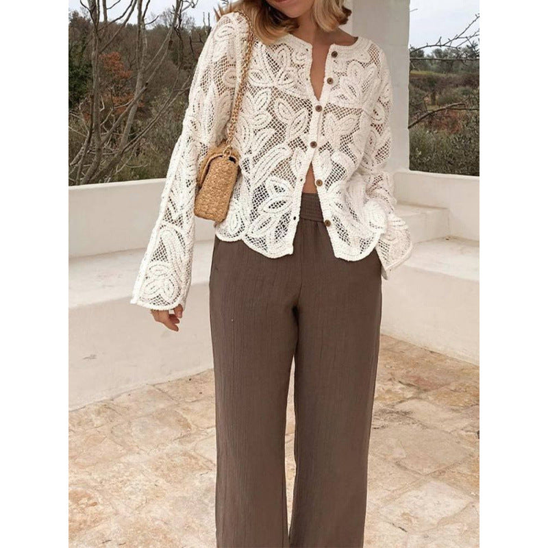Damen Häkel-Cardigan mit Blumen‑Ajourmuster, Knopfleiste & gewelltem Saum Echoarchiv
