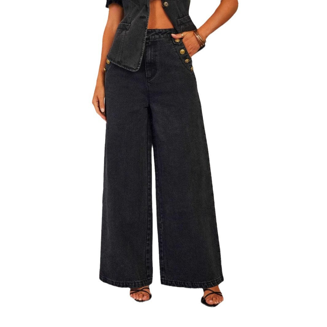 Damen nan weit geschnittene Highwaist Denimhose mit seitlicher Knopfleiste und weitem Bein Echo Archiv