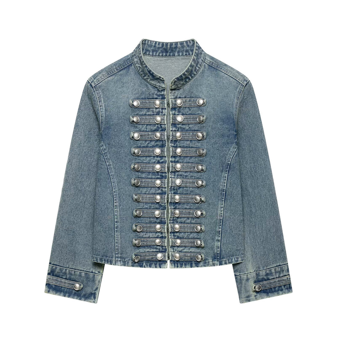 Damen Taillierte Denim‑Blazerjacke im militärisch inspirierten Marschallstil mit Zierknopfleiste Echo Archiv