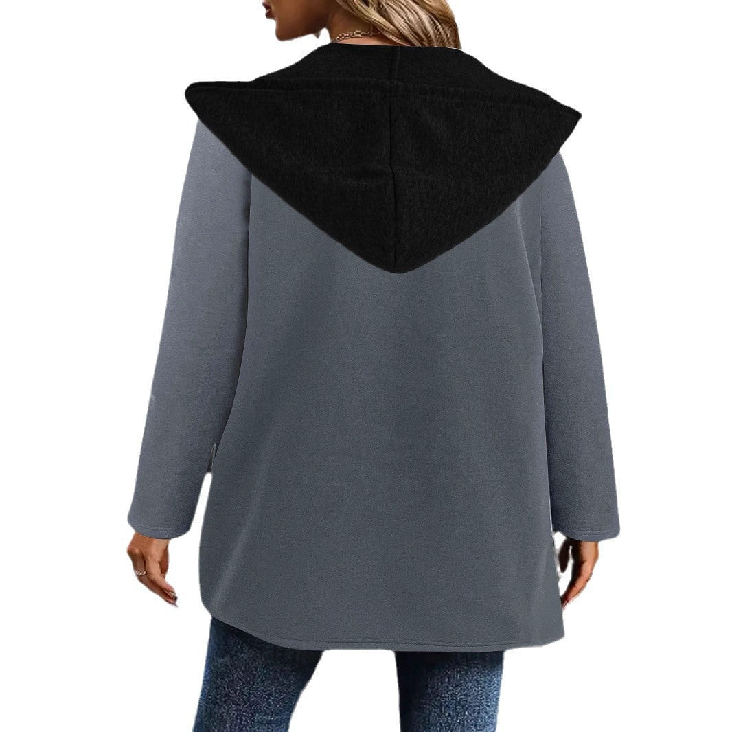 Damen Kapuzen-Longcardigan mit kontrastierter Kante und Eingrifftaschen – Veloura