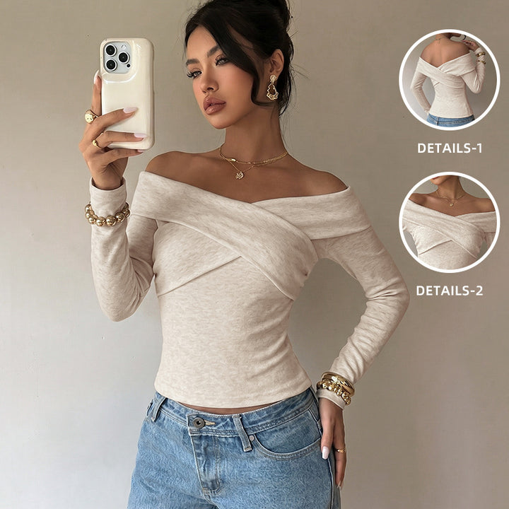 Damen Schulterfreies Wickel-Longsleeve mit Carmenkragen und taillierter Passform – Avérine