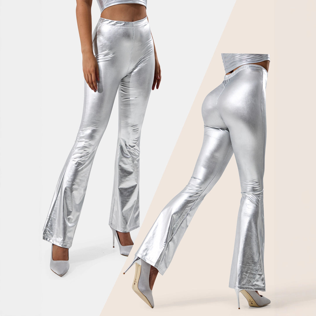 Damen High-Waist Metallic-Schlaghose mit formendem Stretchbund und eleganter Bootcut-Passform echoarchiv-