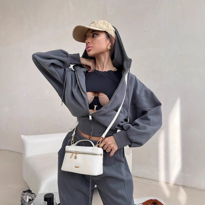 Damen Zweiteiliges Loungewear-Set mit kurzem Zip-Hoodie und hochtaillierter weiter Jogginghose – Auréline