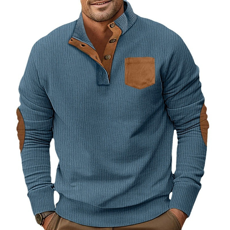 Herren eleganter Strickpullover mit Knopfleiste und kontrastierenden Ellbogenpatches Echoarchiv