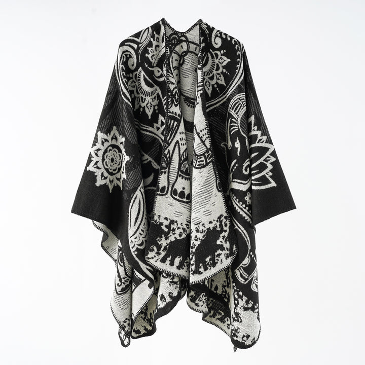Damen Jacquard-Überwurfponcho mit doppelseitiger Webstruktur und Zierstichkante Echo Archiv