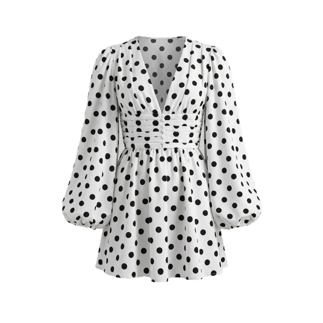Damen Kurzes Polka‑Dot Kleid mit tiefem V‑Ausschnitt, Ballonärmeln und Knopfleiste Echoarchiv